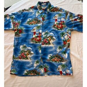 Campia Aloha Hawaiian Shirt Blue Tropical Beach‎ Hula Girl Print Rayon Size L
